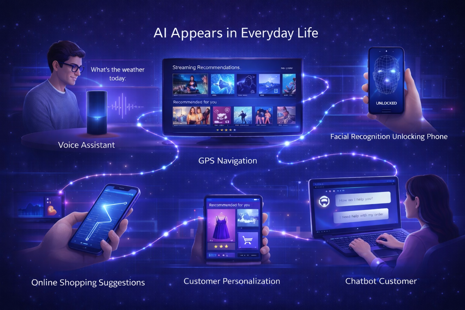 Infographic showing everyday uses of AI like voice assistants, recommendations, navigation, and chatbots.