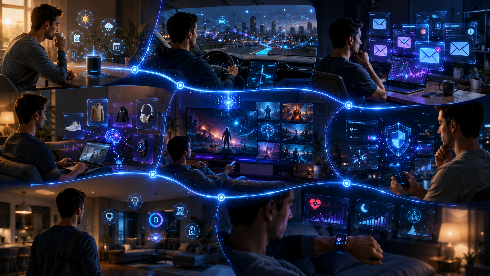 Educational infographic following one person through a typical day, showing how artificial intelligence powers voice assistants, navigation, email filtering, online shopping, streaming recommendations, banking security, smart home automation, and fitness tracking from morning to night.
