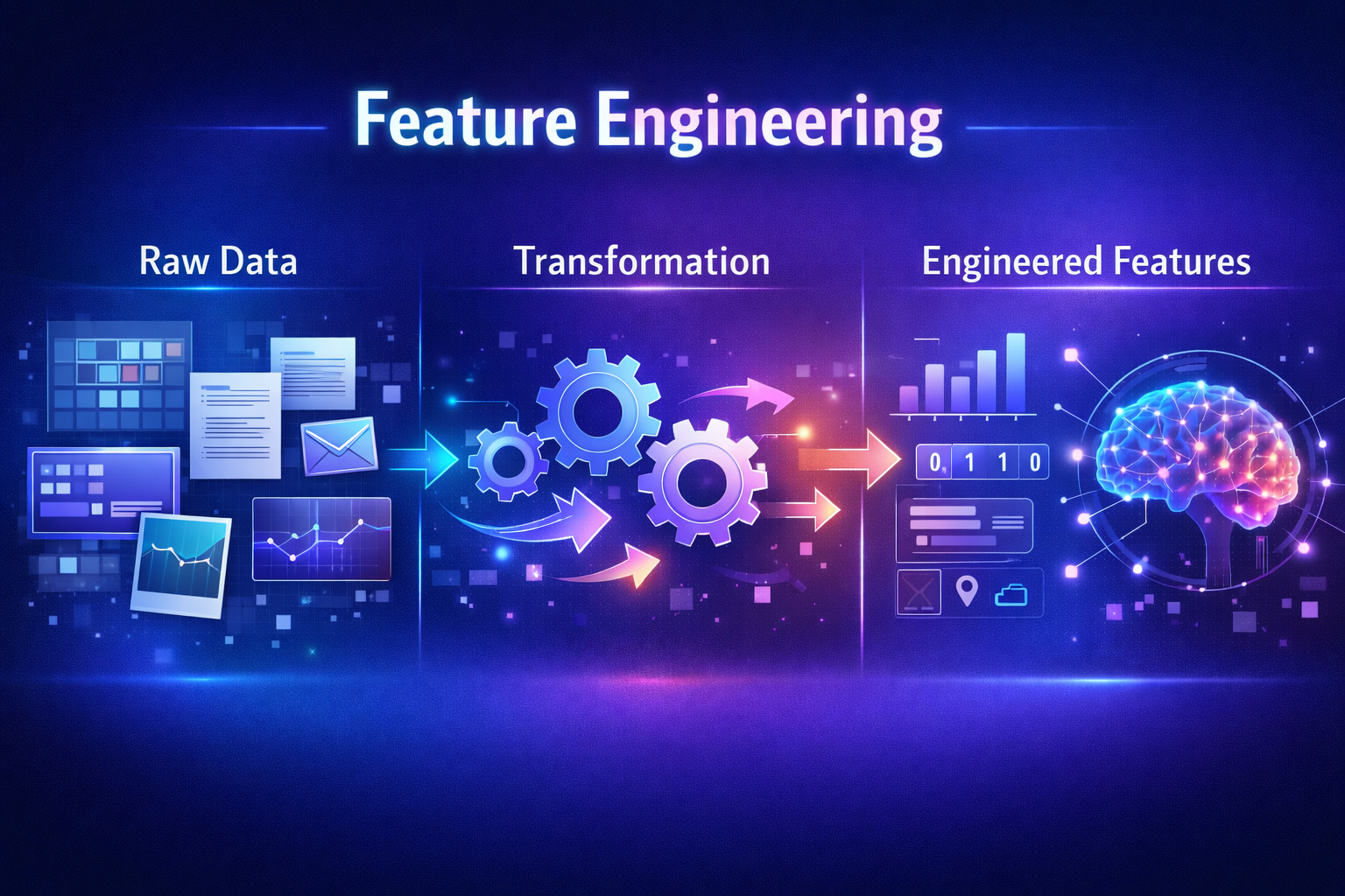 Feature engineering concept showing raw data transformed into meaningful features for machine learning models