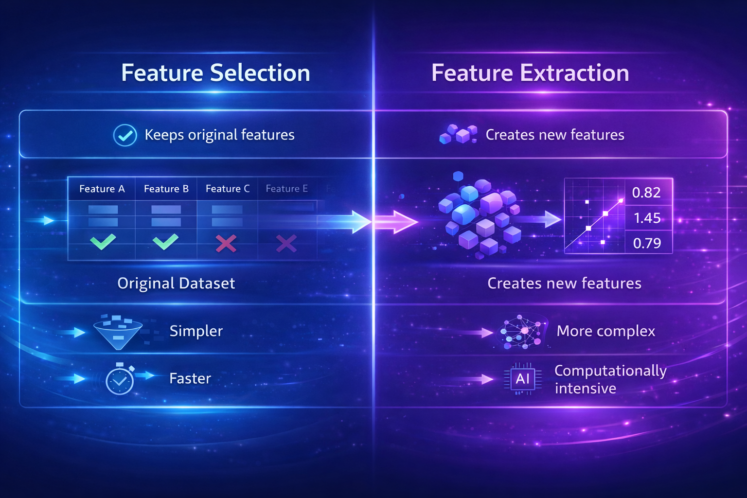 Side-by-side comparison of feature selection and feature extraction in machine learning
