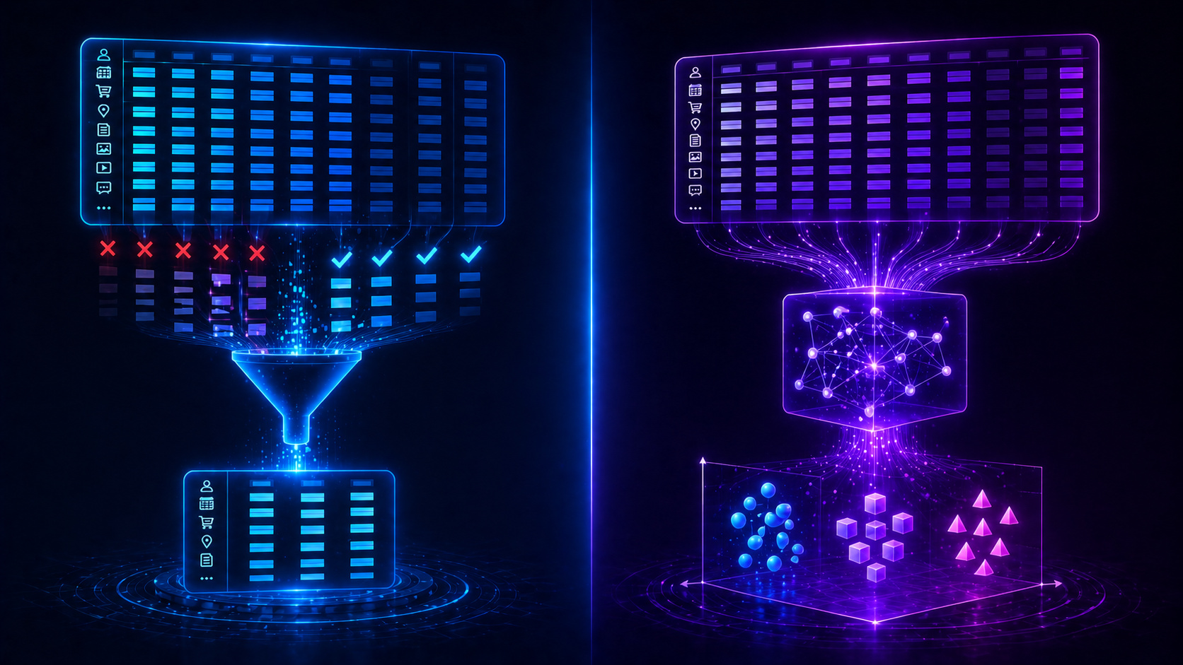 Feature selection vs feature extraction concept visualization comparing filtering vs transformation of data
