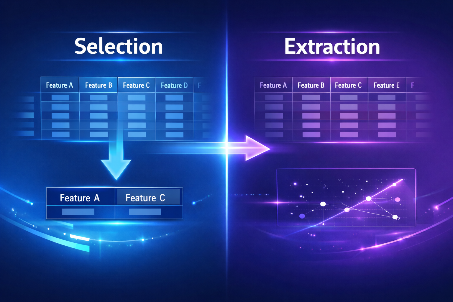 Feature selection vs feature extraction concept visualization comparing filtering vs transformation of data