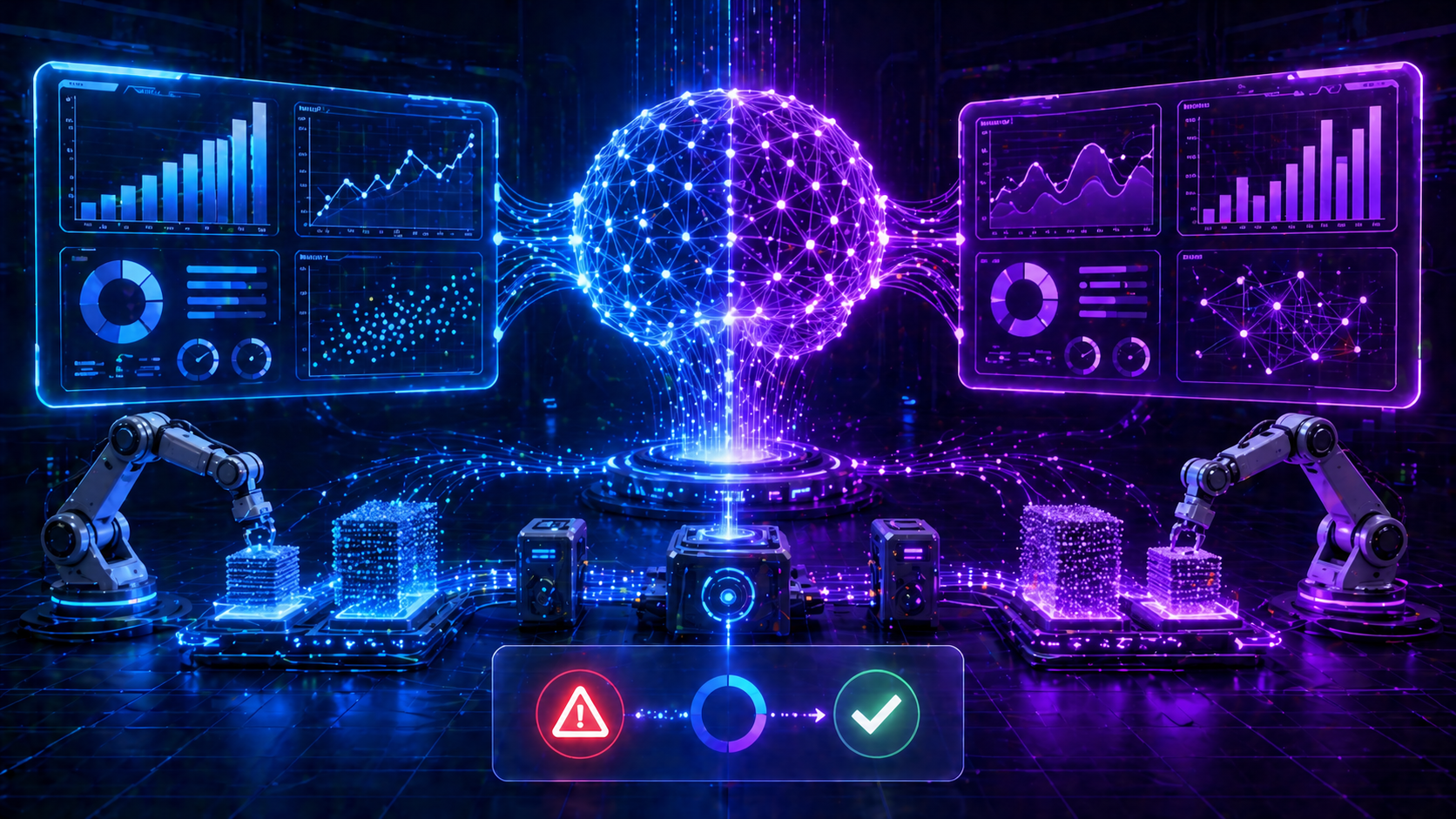 Futuristic visualization of AI systems evaluating model performance using testing data
