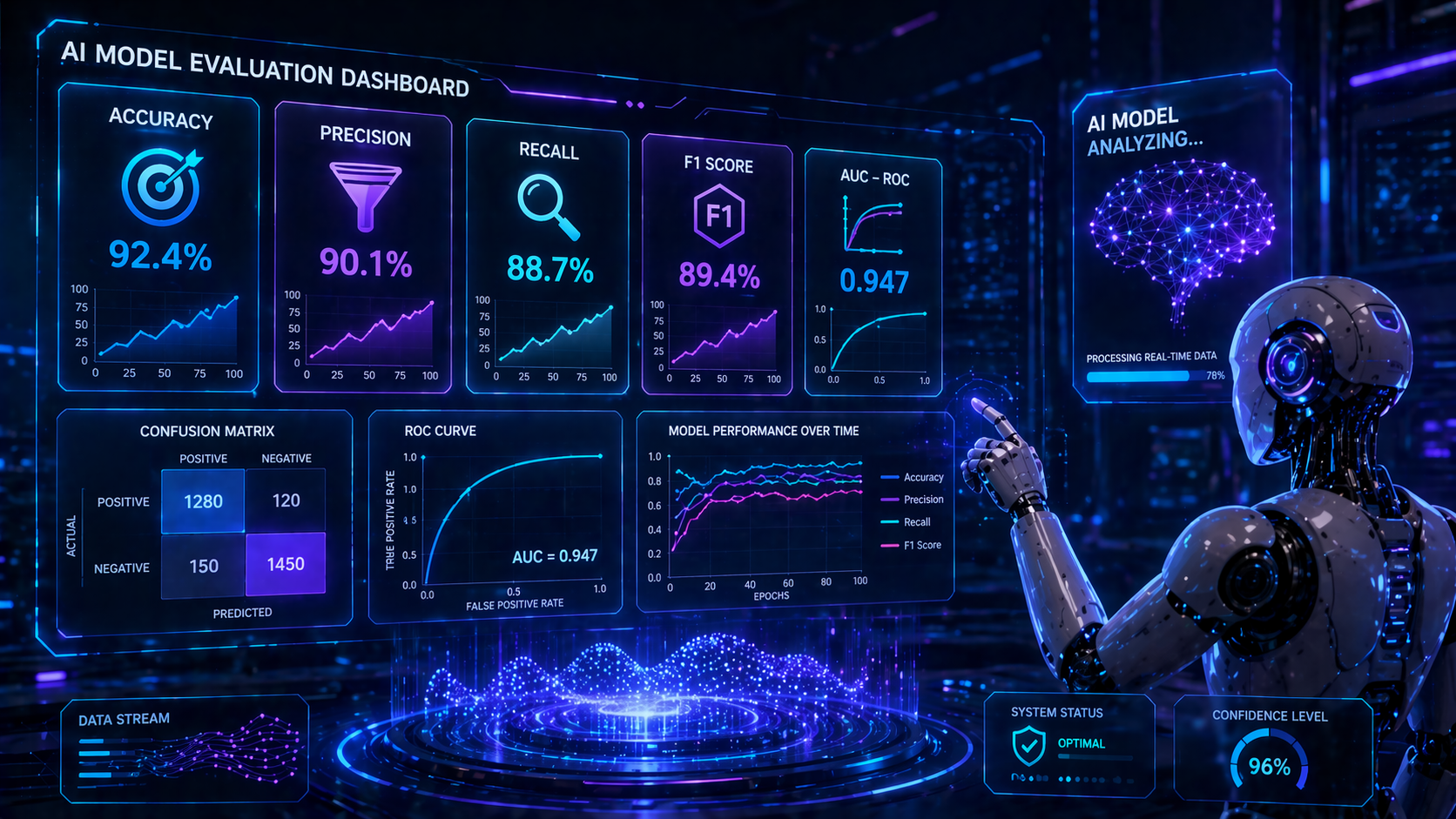 Futuristic visualization of advanced AI model evaluation metrics and analytics dashboards