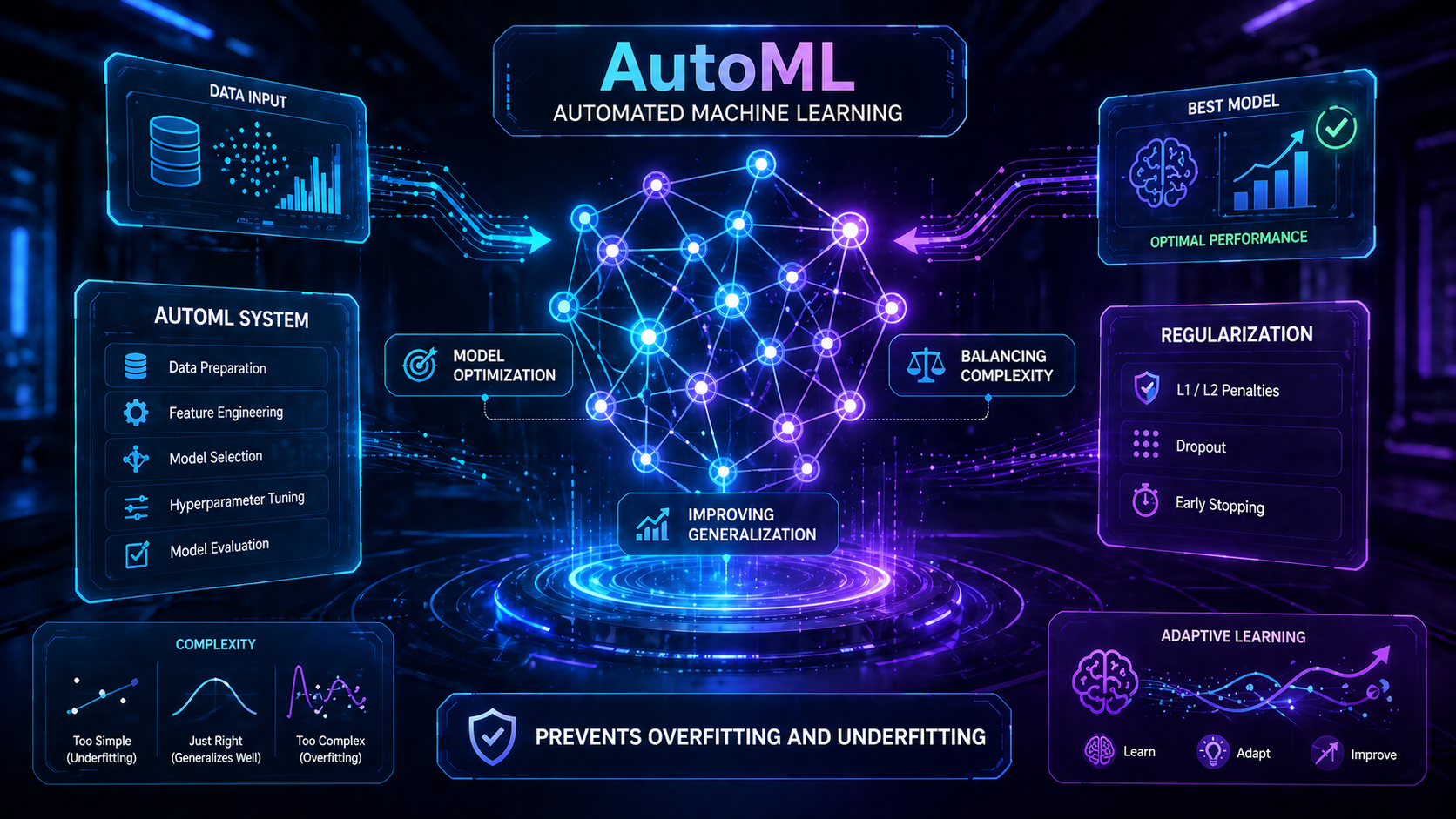 Futuristic visualization of AI systems automatically optimizing model performance