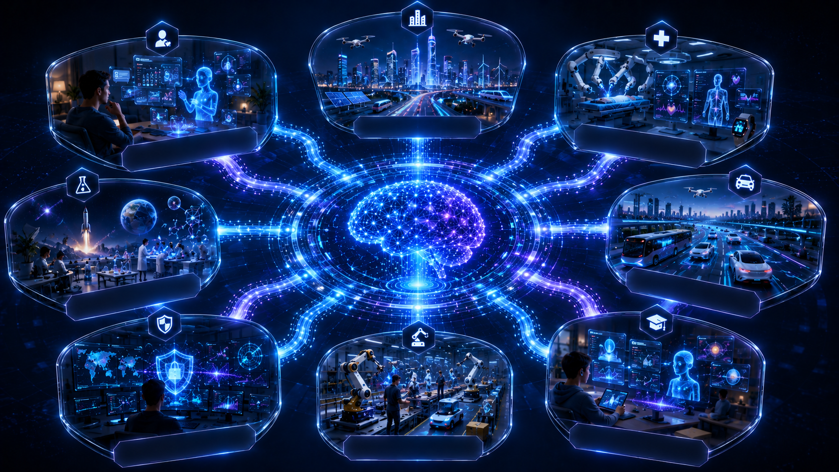 Educational infographic showing a central artificial intelligence brain connected to future AI ecosystems including smart cities, AI healthcare, autonomous transportation, intelligent education, robotics, cybersecurity, scientific discovery, and personal AI assistants, illustrating the future of AI applications.
