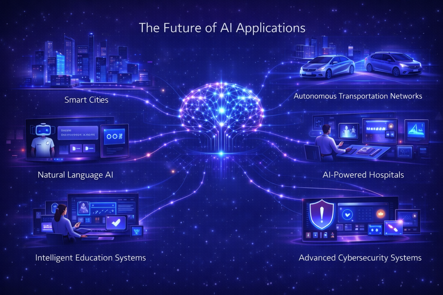 Futuristic infographic showing how AI will impact smart cities, healthcare, transportation, and automation.