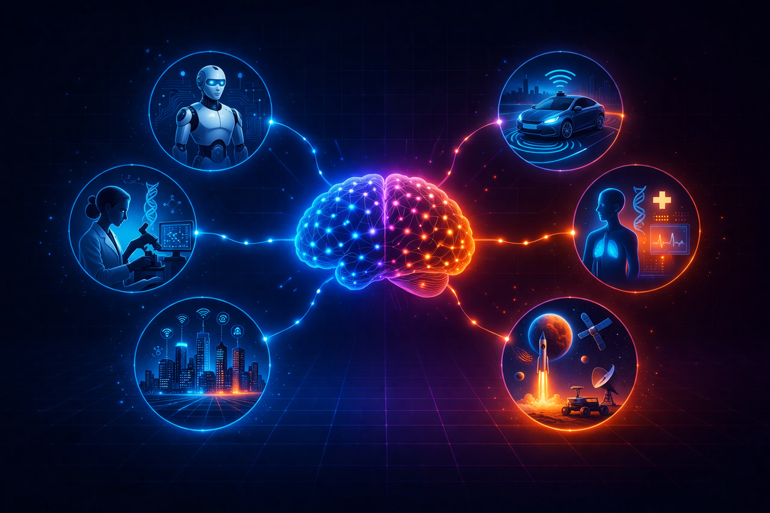 Future of deep learning showing AI powering robotics, healthcare, and smart cities