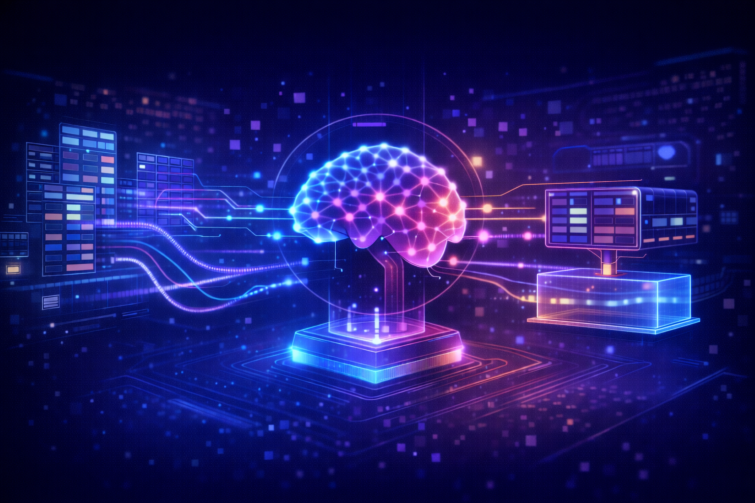 Futuristic visualization of automated feature engineering and AI-driven data processing
