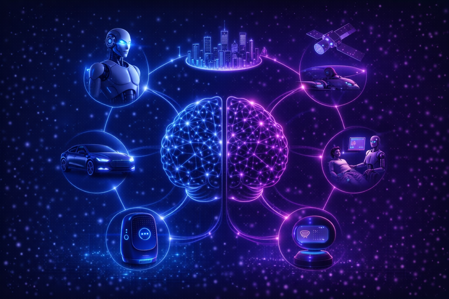 Futuristic AI illustration showing deep learning powering technologies like robotics smart cities and autonomous systems