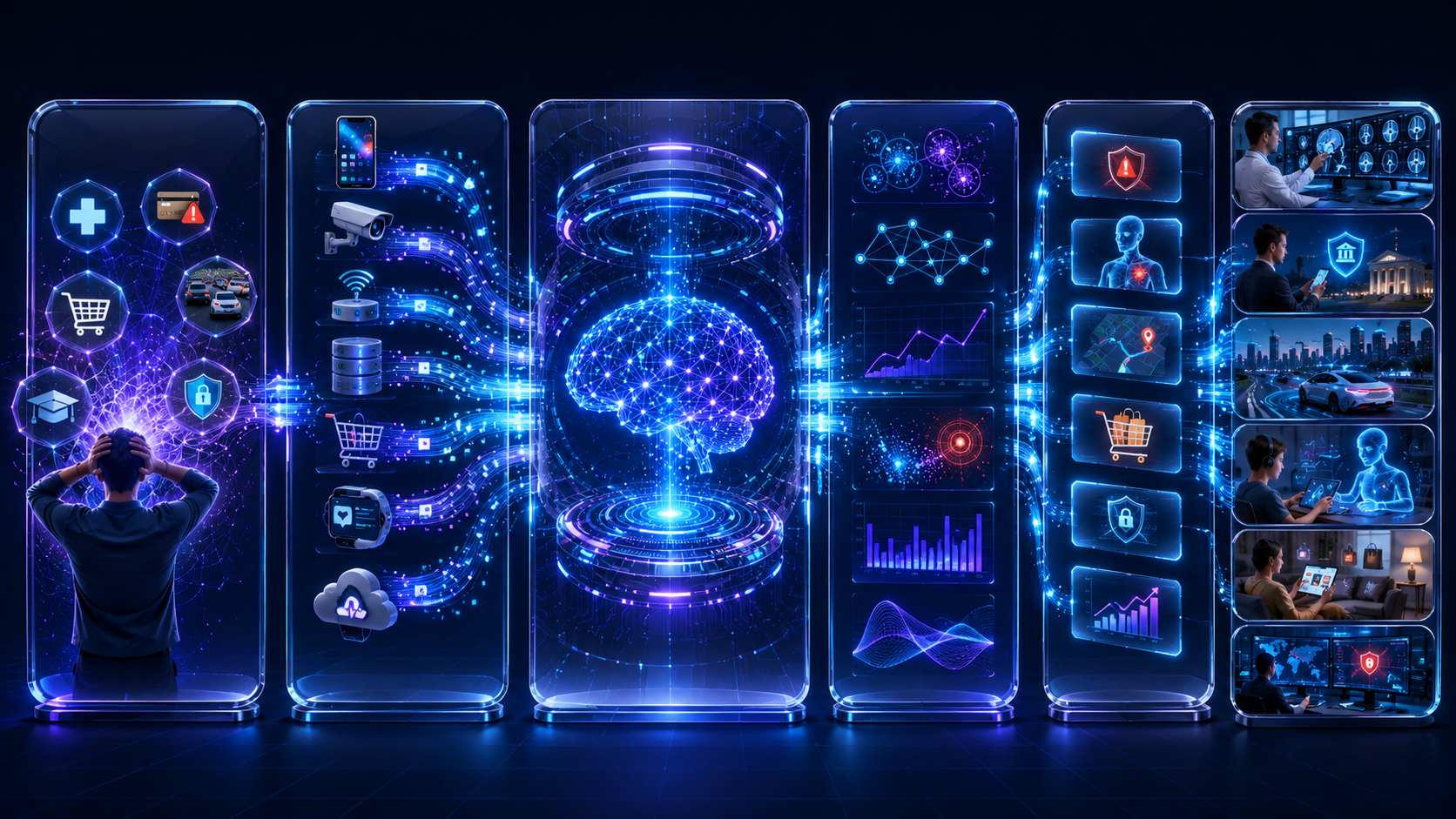 Educational infographic showing the artificial intelligence workflow from real-world problems and data collection to AI processing, pattern recognition, decision making, and real-world actions across multiple industries.
