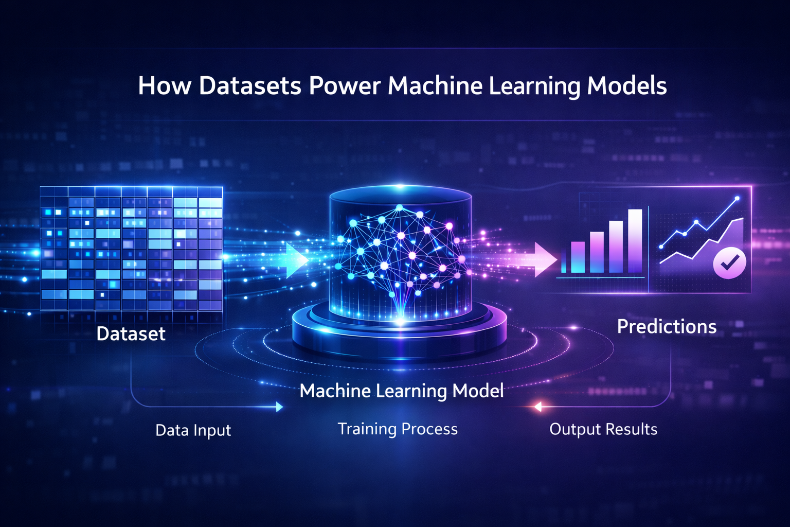 Diagram showing how datasets are used to train machine learning models and generate predictions