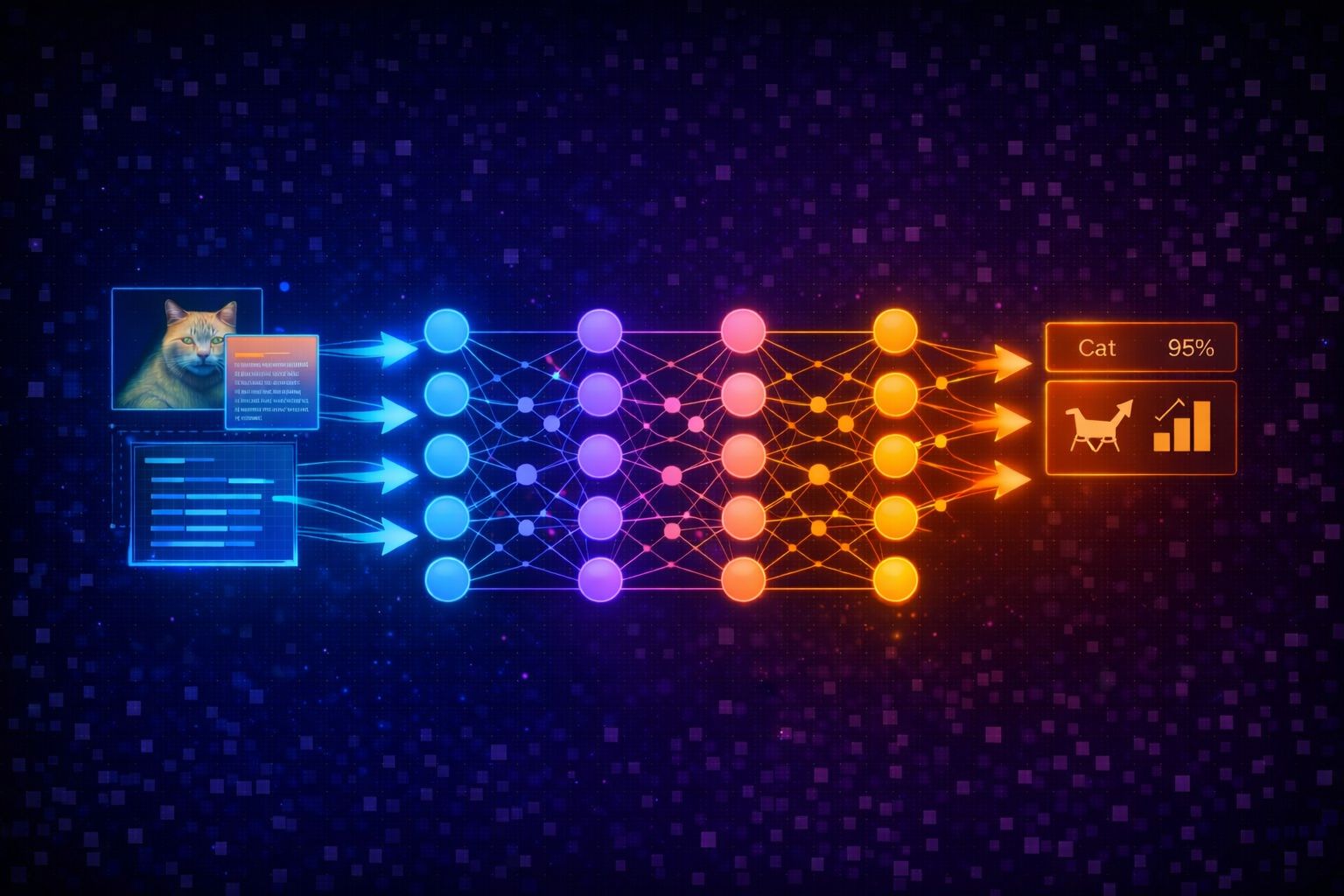 Diagram showing how deep learning processes data through multiple neural network layers