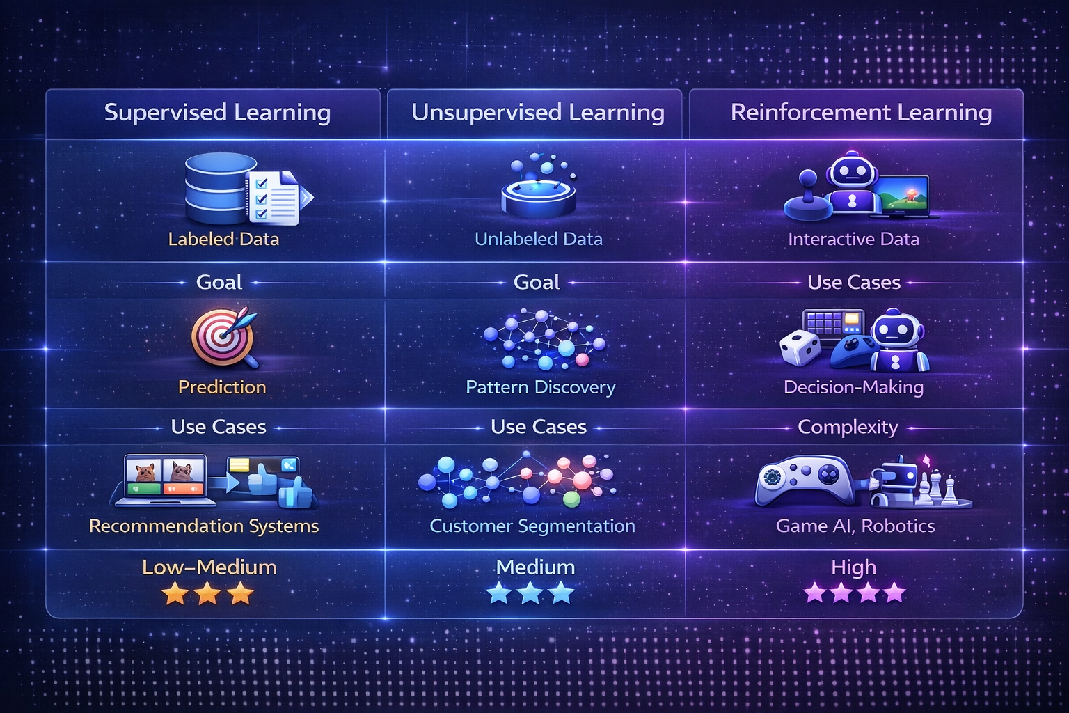 Comparison chart of supervised, unsupervised, and reinforcement learning