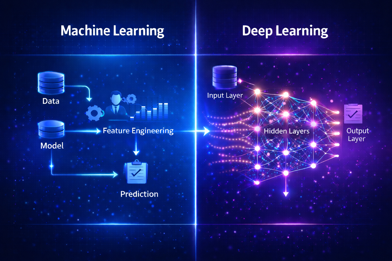 Diagram comparing machine learning workflow with deep learning neural network processing