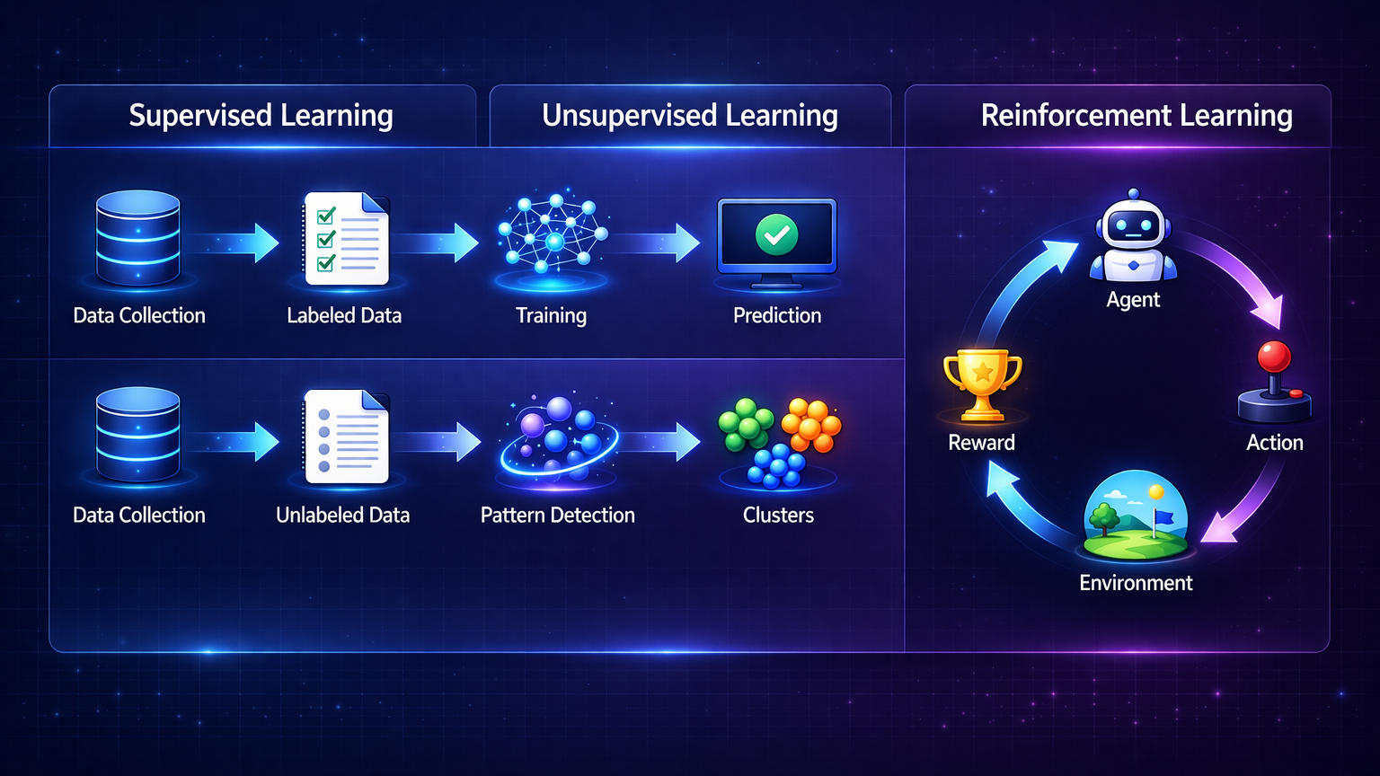 Workflow diagram showing supervised, unsupervised, and reinforcement learning processes