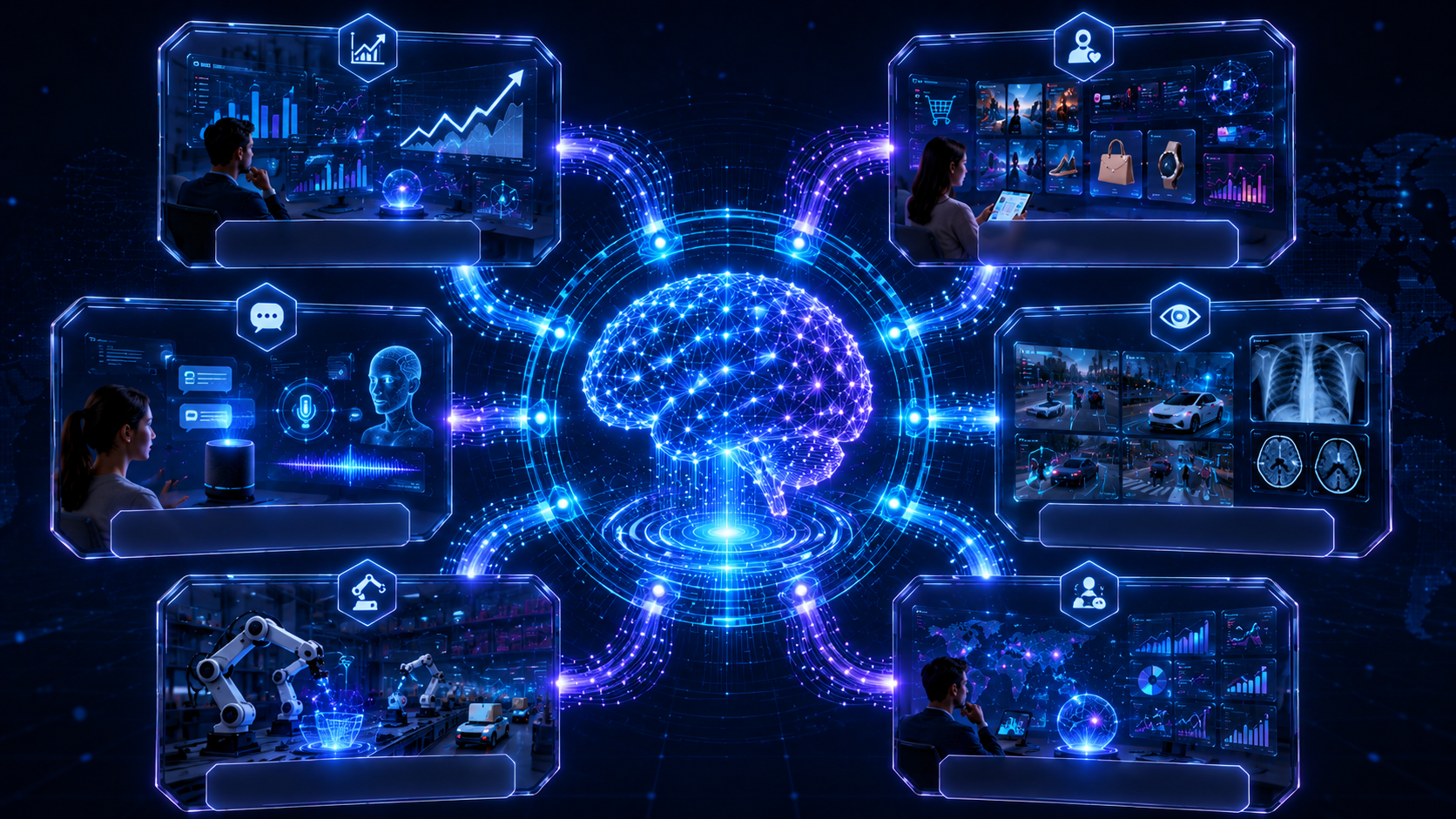 Educational infographic showing a central artificial intelligence brain connected to six major AI application categories: predictive AI, recommendation systems, natural language AI, computer vision, robotics and automation, and decision support systems in a radial layout.