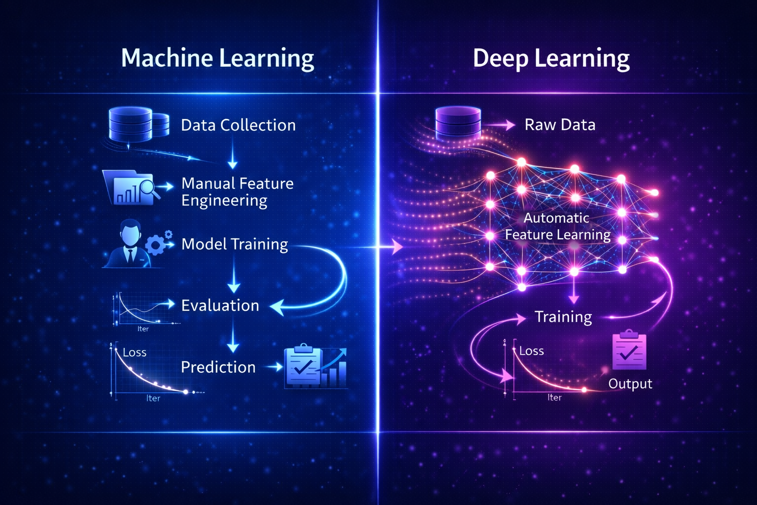 Comparison of machine learning and deep learning training workflows showing step-by-step processes