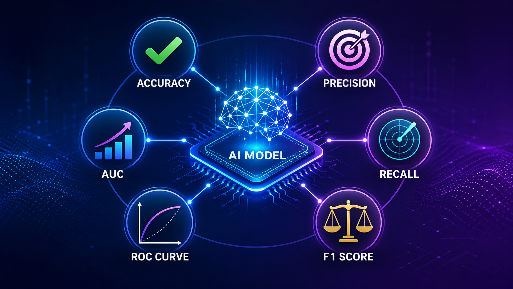Overview diagram of model evaluation metrics including accuracy, precision, recall, F1 score, and ROC curve