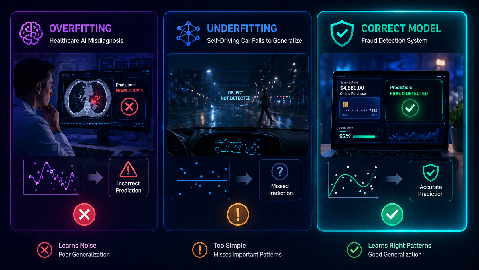 Examples of overfitting and underfitting in real-world AI applications