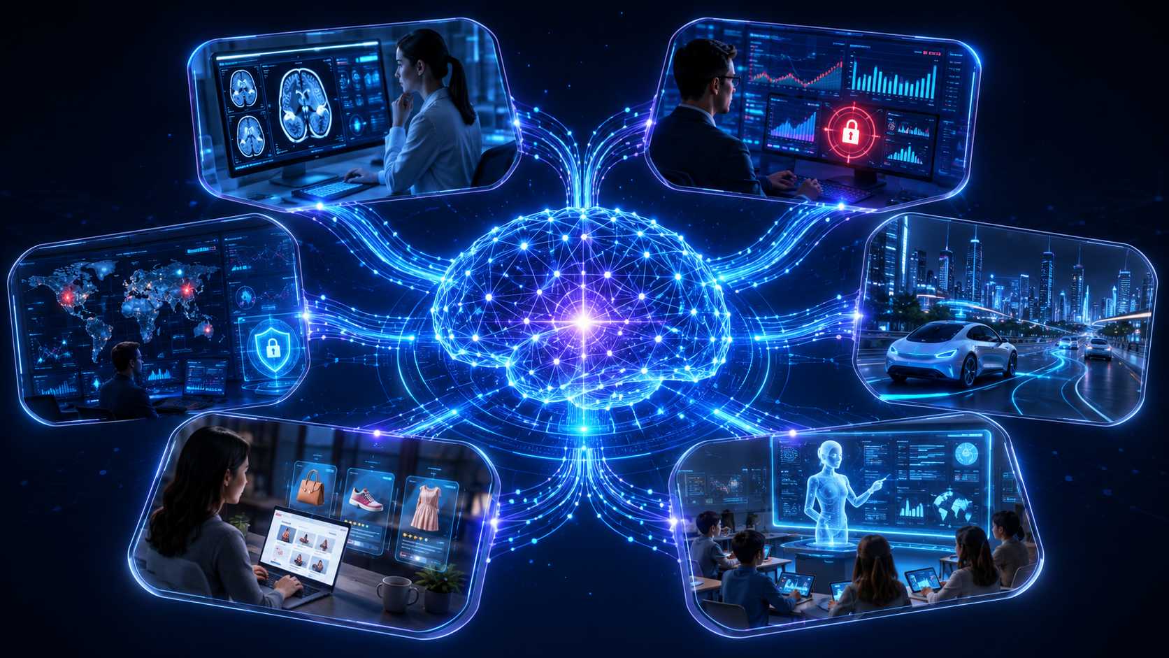 Overview infographic showing how artificial intelligence is used across major industries.