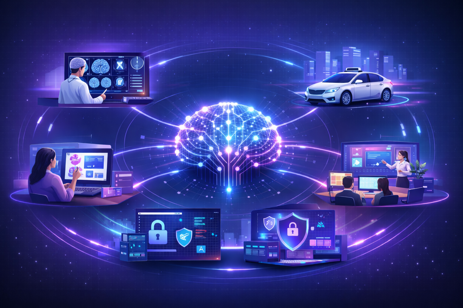 Overview infographic showing how artificial intelligence is used across major industries.