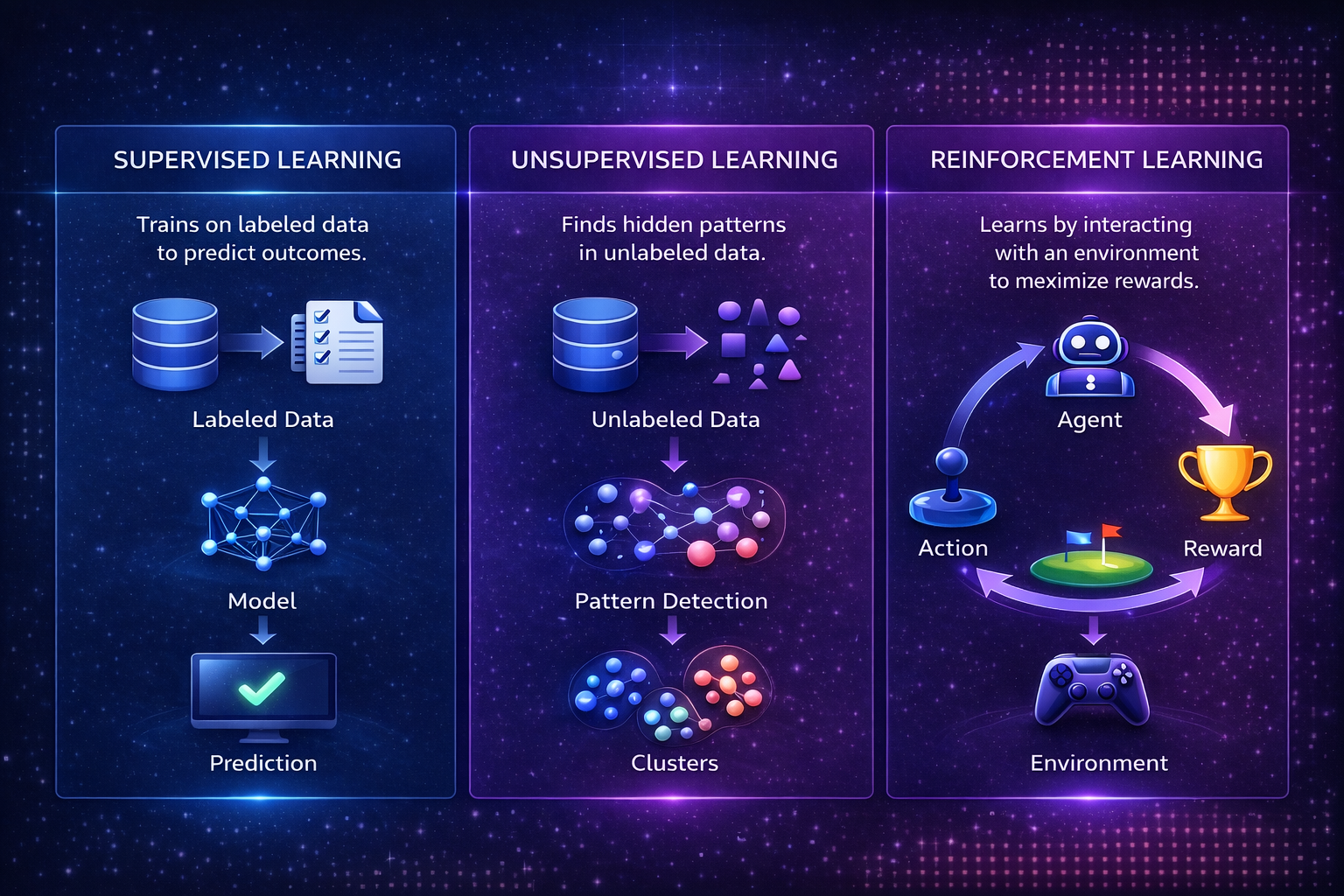 Illustration showing the three main types of machine learning