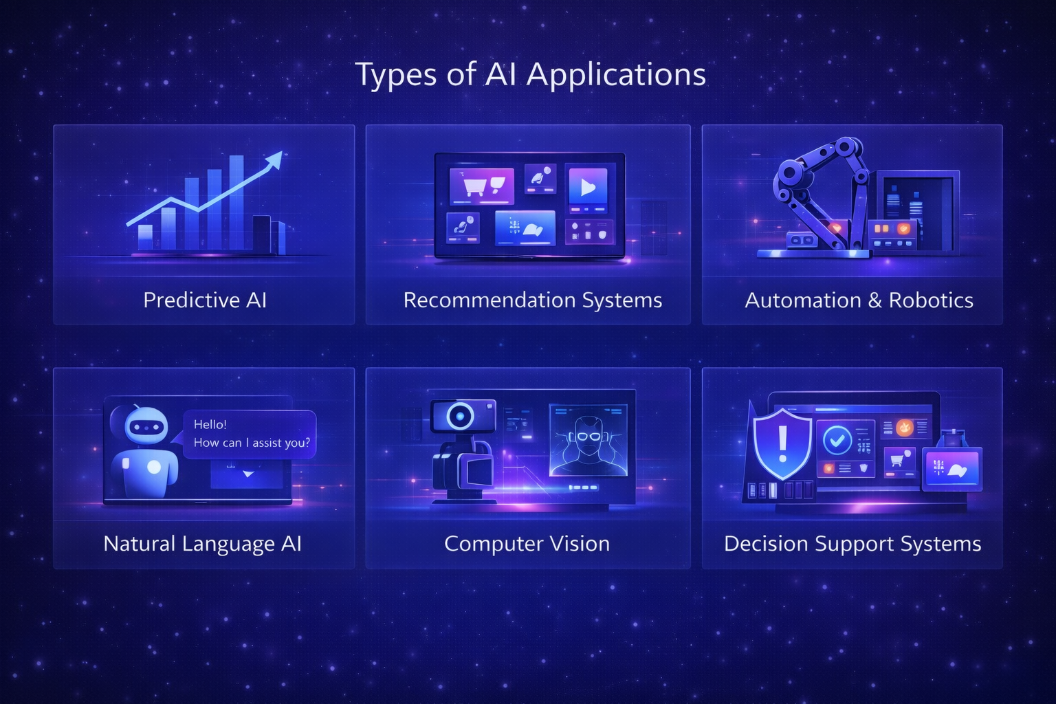 Diagram showing different categories of AI applications such as predictive AI, NLP, and computer vision.