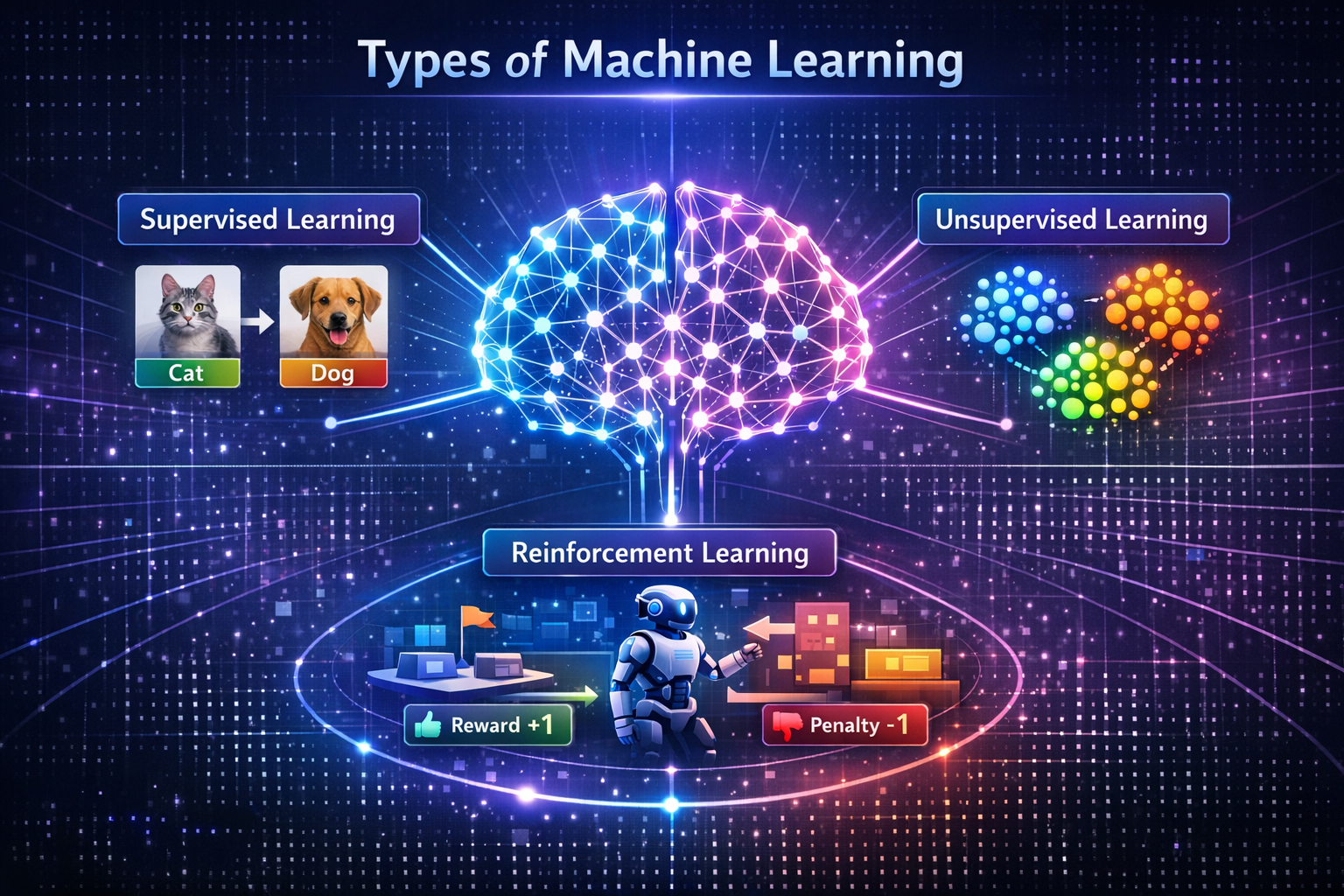Overview diagram showing supervised, unsupervised, and reinforcement learning in machine learning