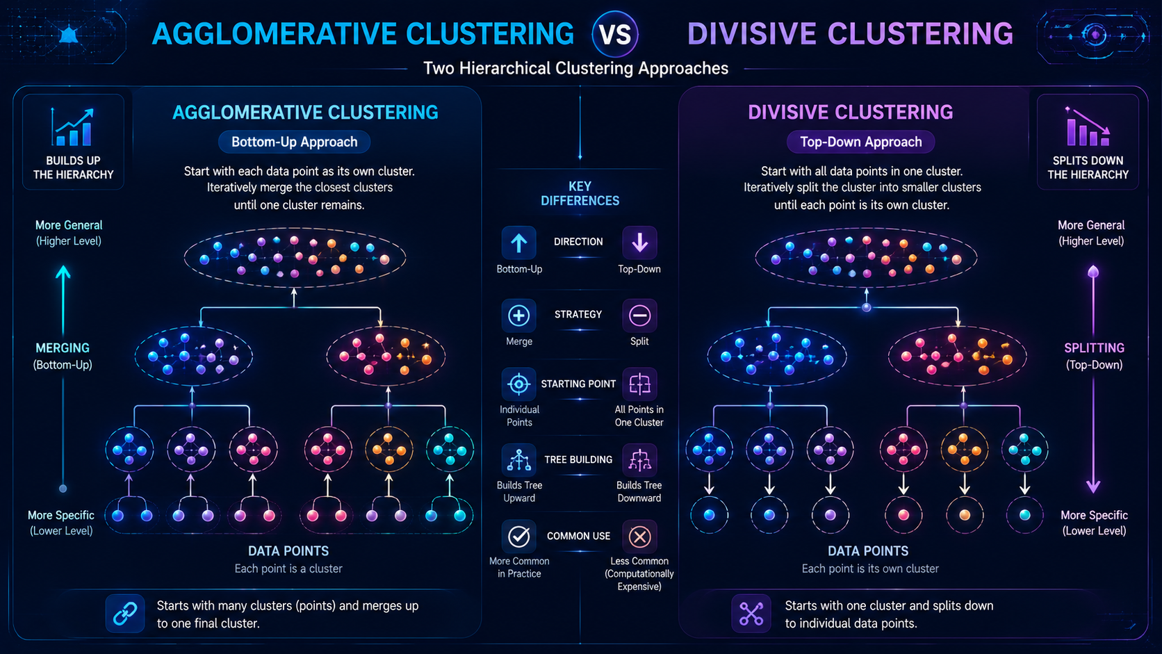 Comparison infographic showing agglomerative and divisive hierarchical clustering methods.