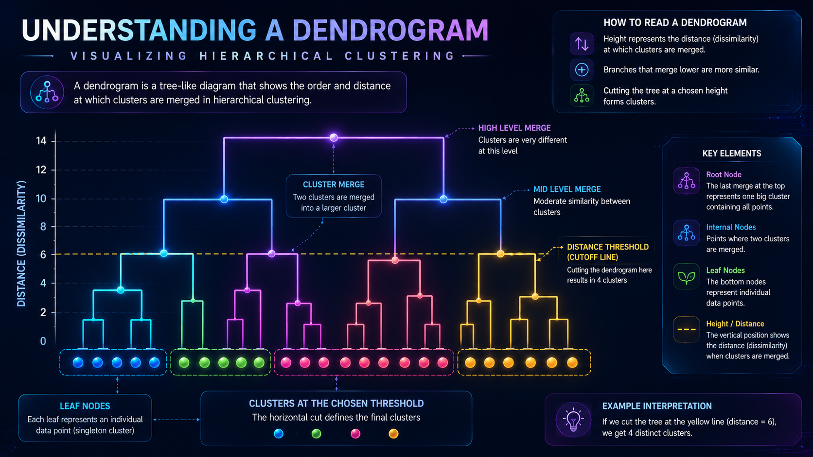Educational dendrogram diagram explaining cluster merging in hierarchical clustering.