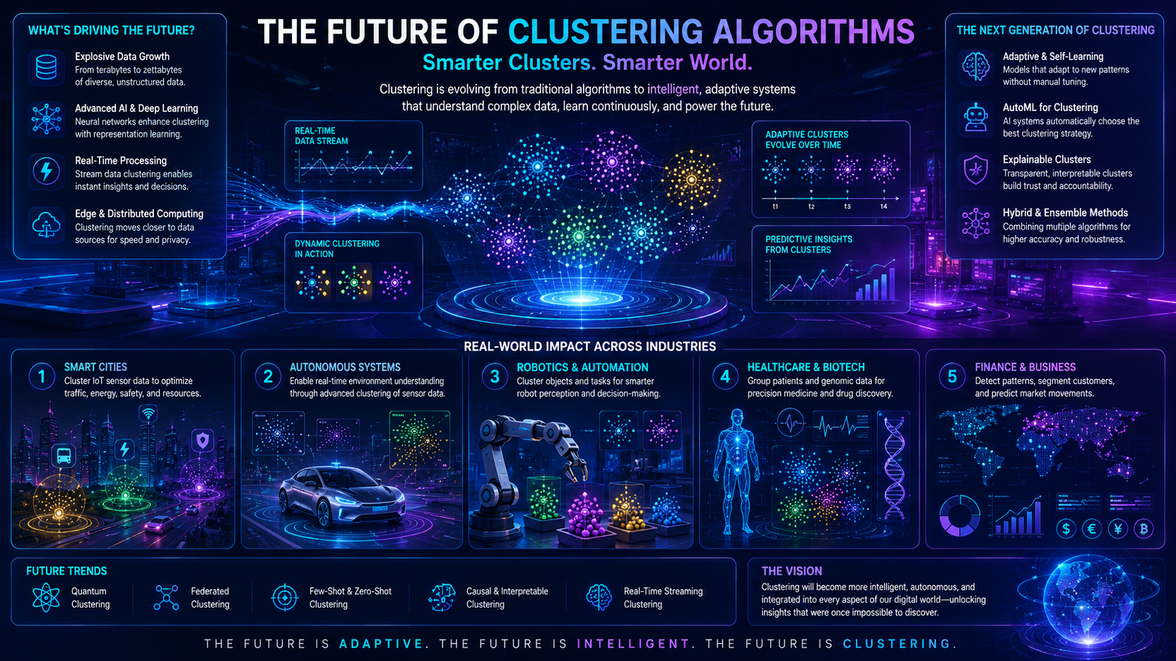 Futuristic infographic showing how clustering algorithms may evolve in advanced AI systems and analytics.