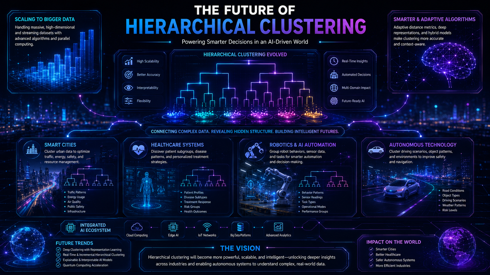 Futuristic infographic showing the future role of hierarchical clustering in AI systems.