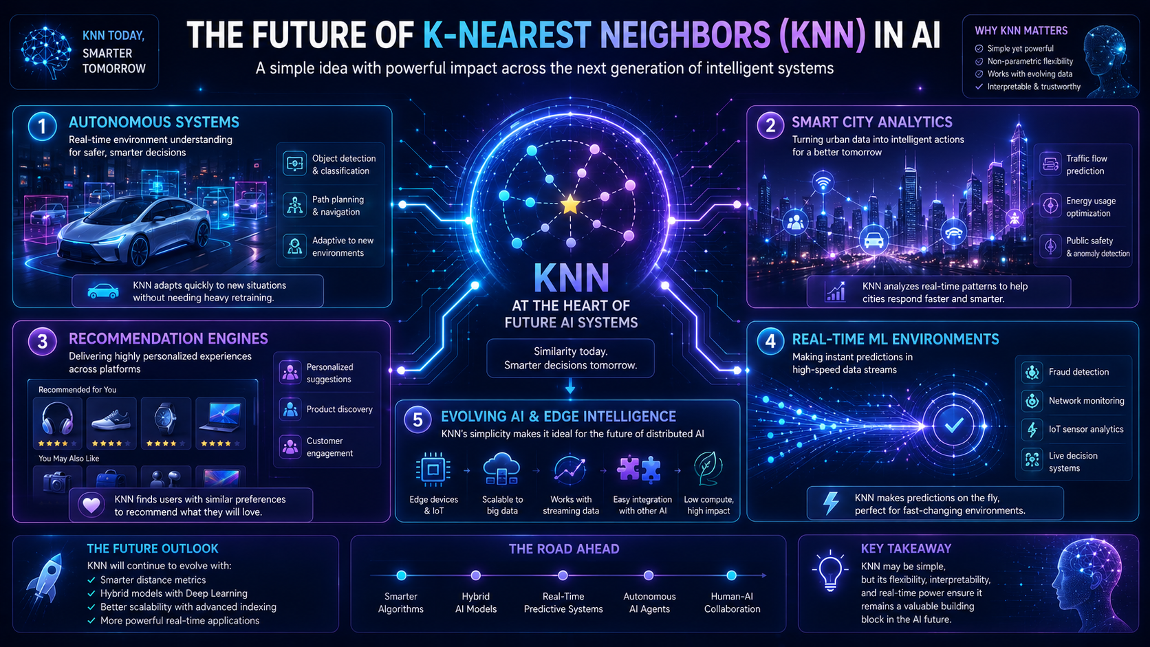 Futuristic infographic showing how KNN may be used in future AI technologies and systems.