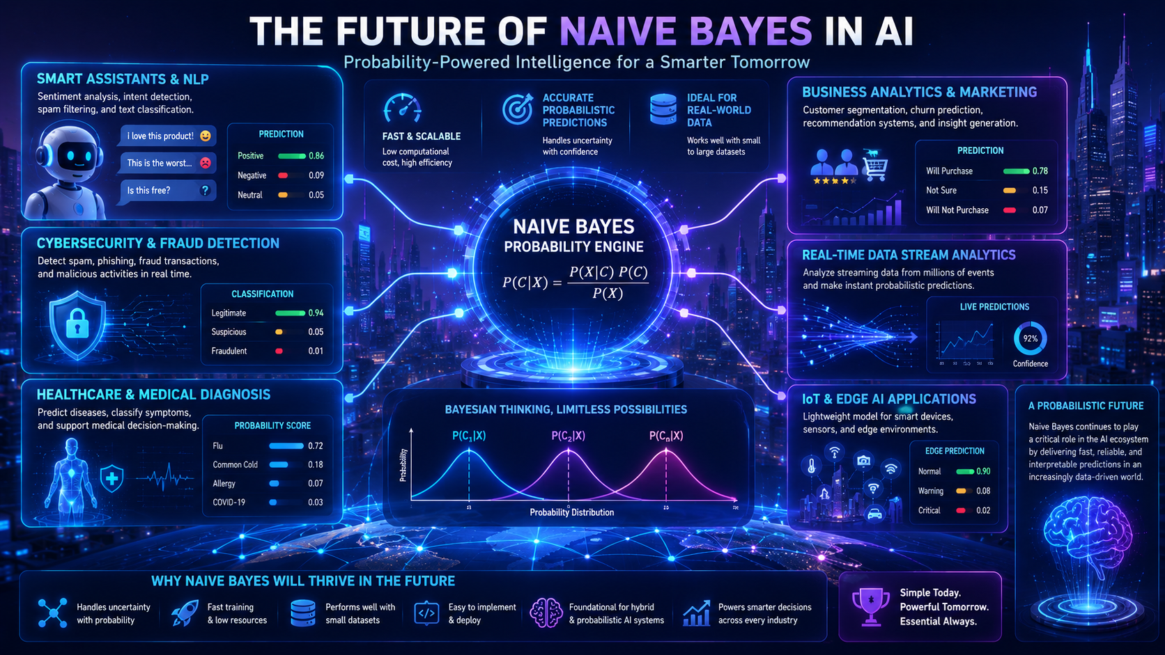 Futuristic infographic showing how Naive Bayes may continue to be used in future AI systems and analytics.