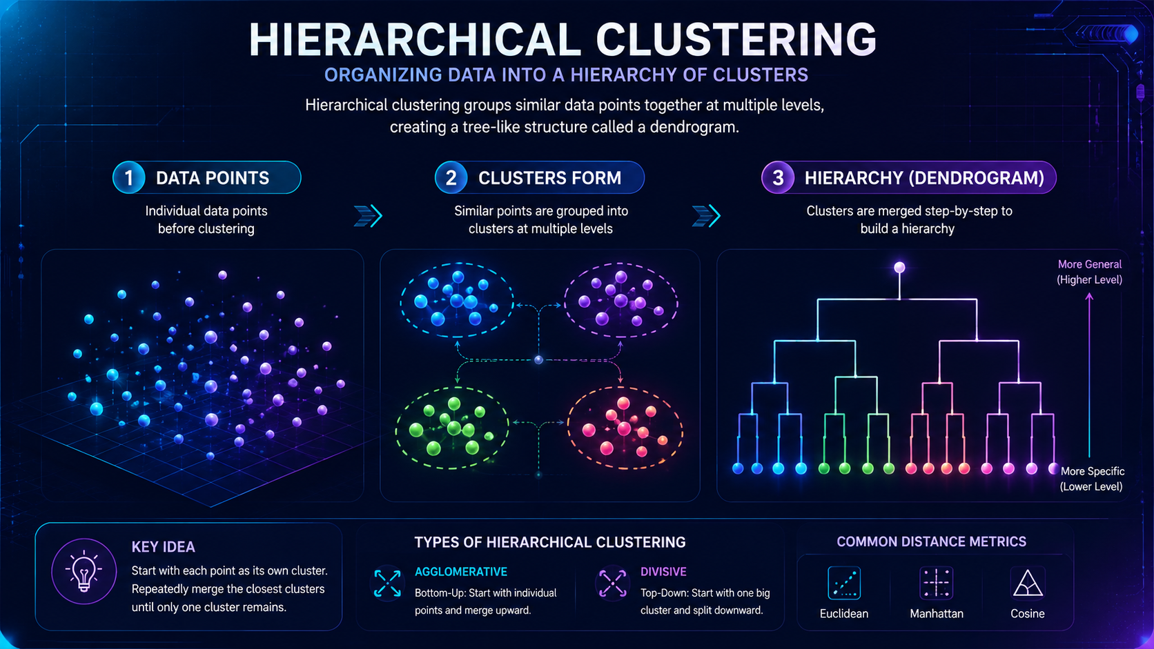 Educational infographic explaining hierarchical clustering with connected data groups and dendrogram structure in machine learning.