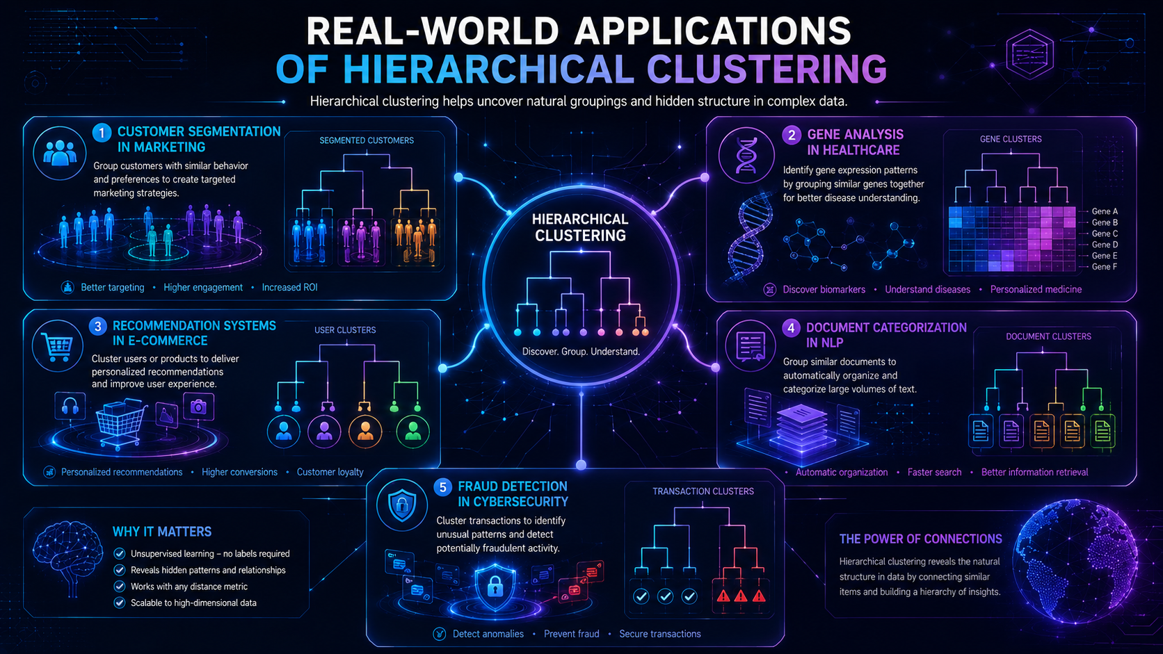 Infographic showing real-world applications of hierarchical clustering in AI and machine learning.