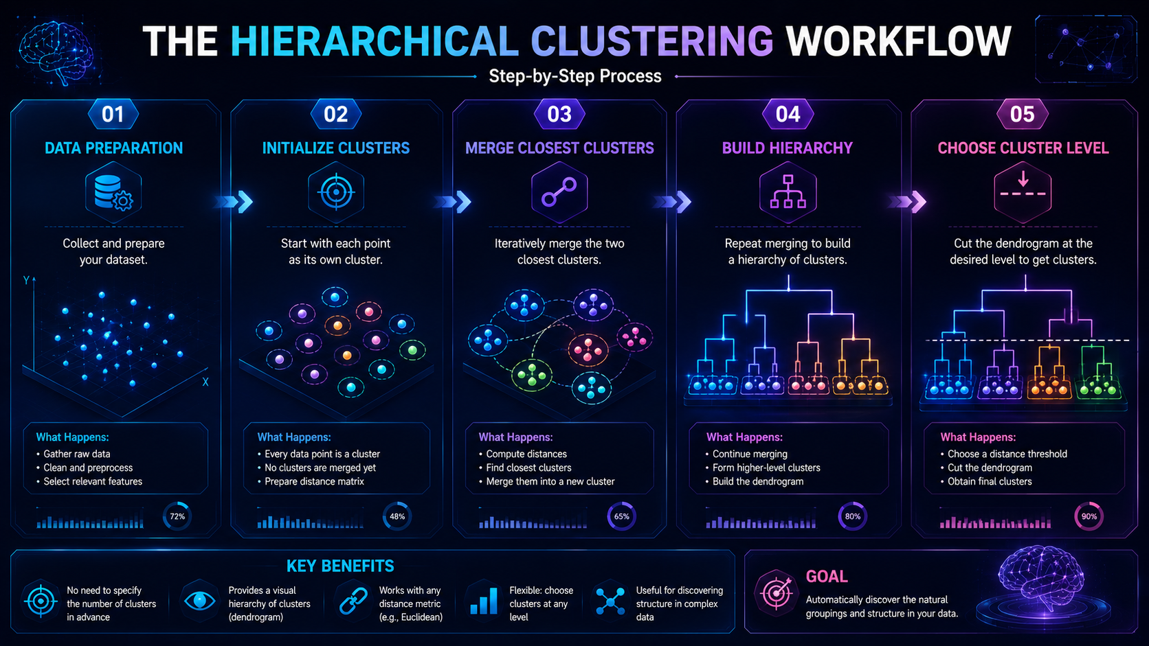 Workflow infographic showing the process of hierarchical clustering in machine learning.