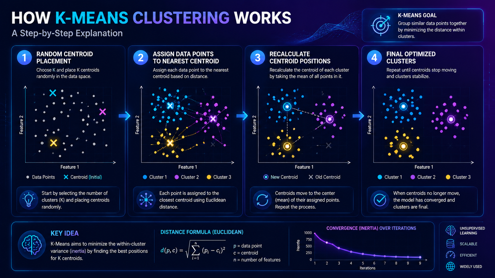 Step-by-step infographic showing the K-Means clustering process from centroid initialization to final clusters.
