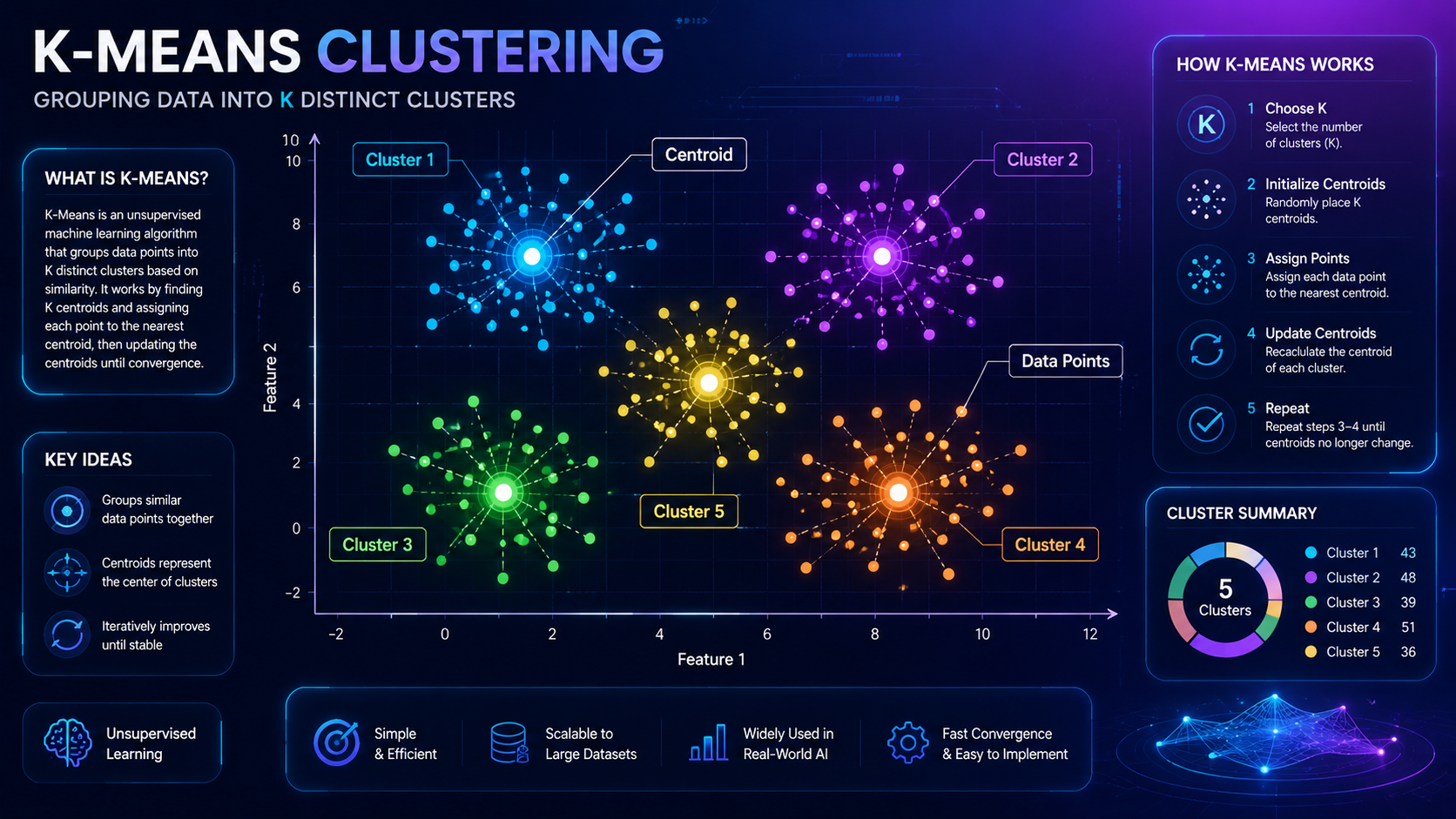 Educational infographic showing how K-Means clustering groups similar data points into clusters around centroids.