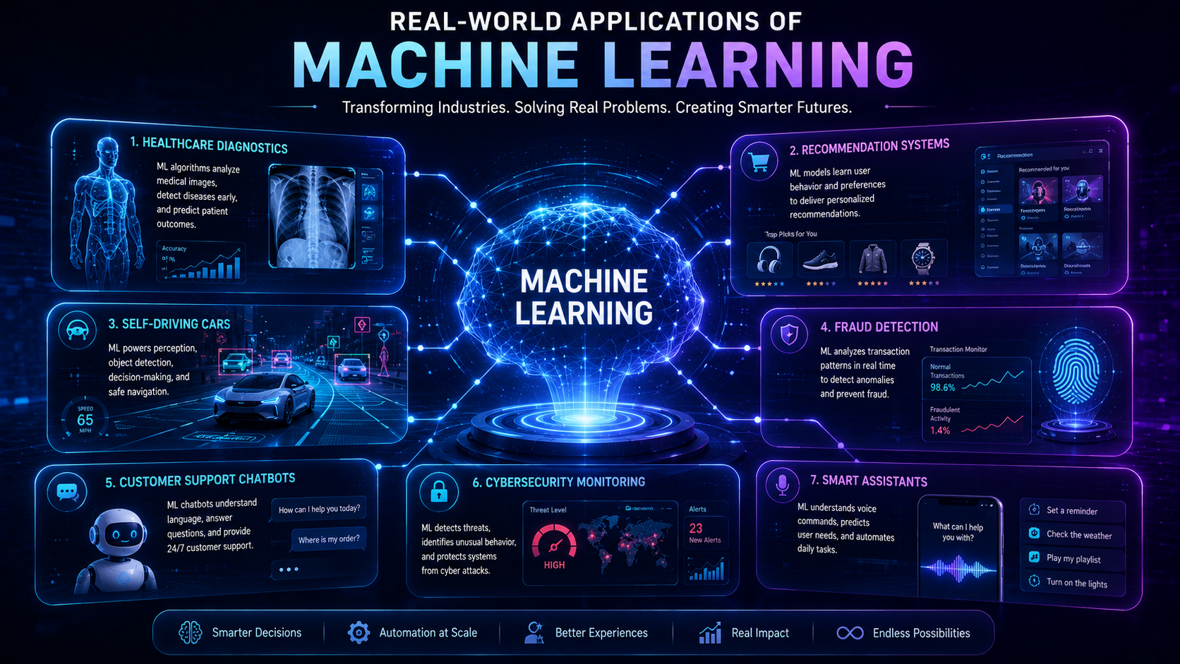 Infographic showing real-world applications of machine learning algorithms across industries.