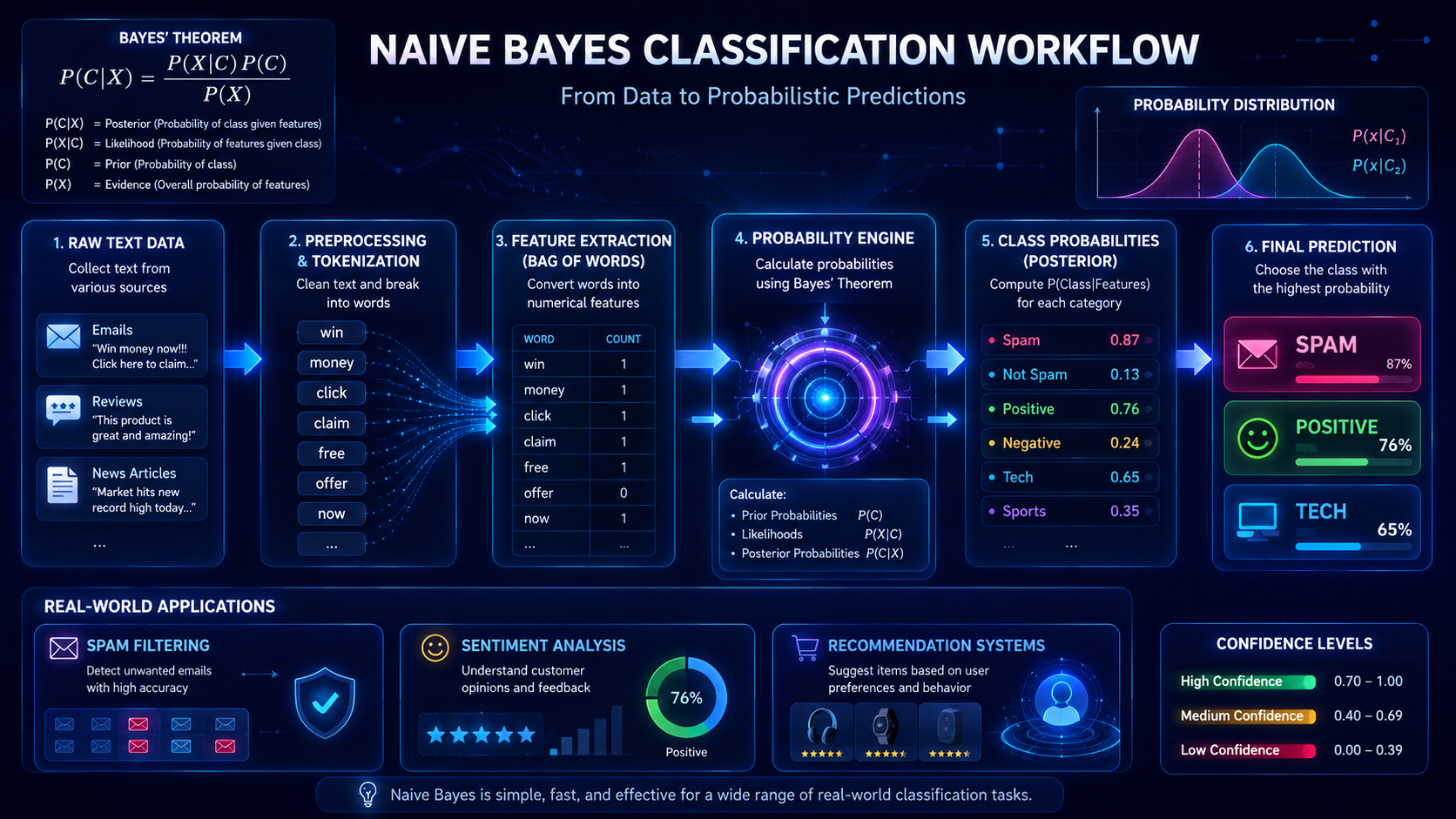 Workflow infographic showing how Naive Bayes calculates probabilities for classification tasks.
