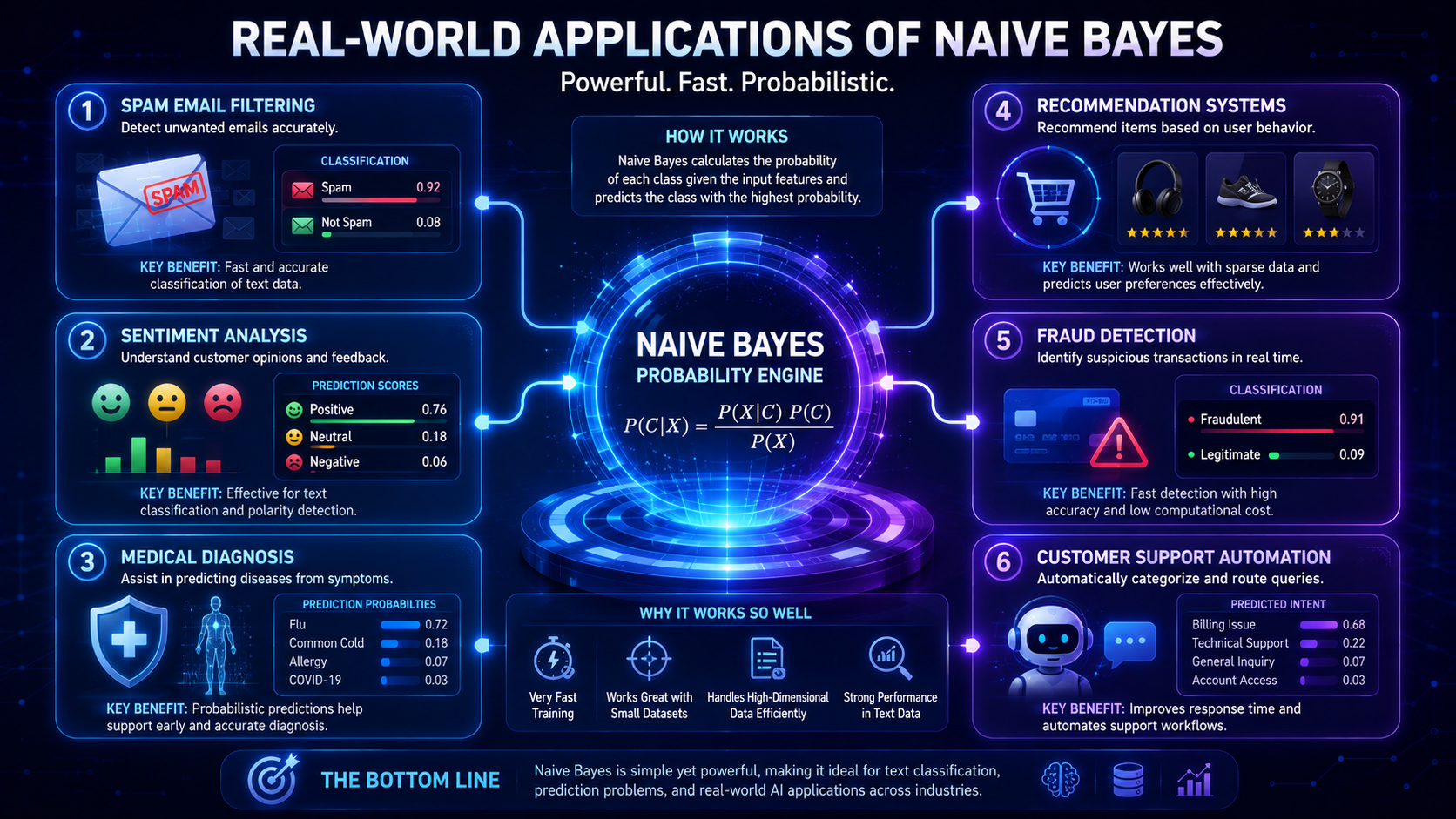 Infographic showing real-world uses of Naive Bayes in spam filtering, healthcare, finance, and AI systems.