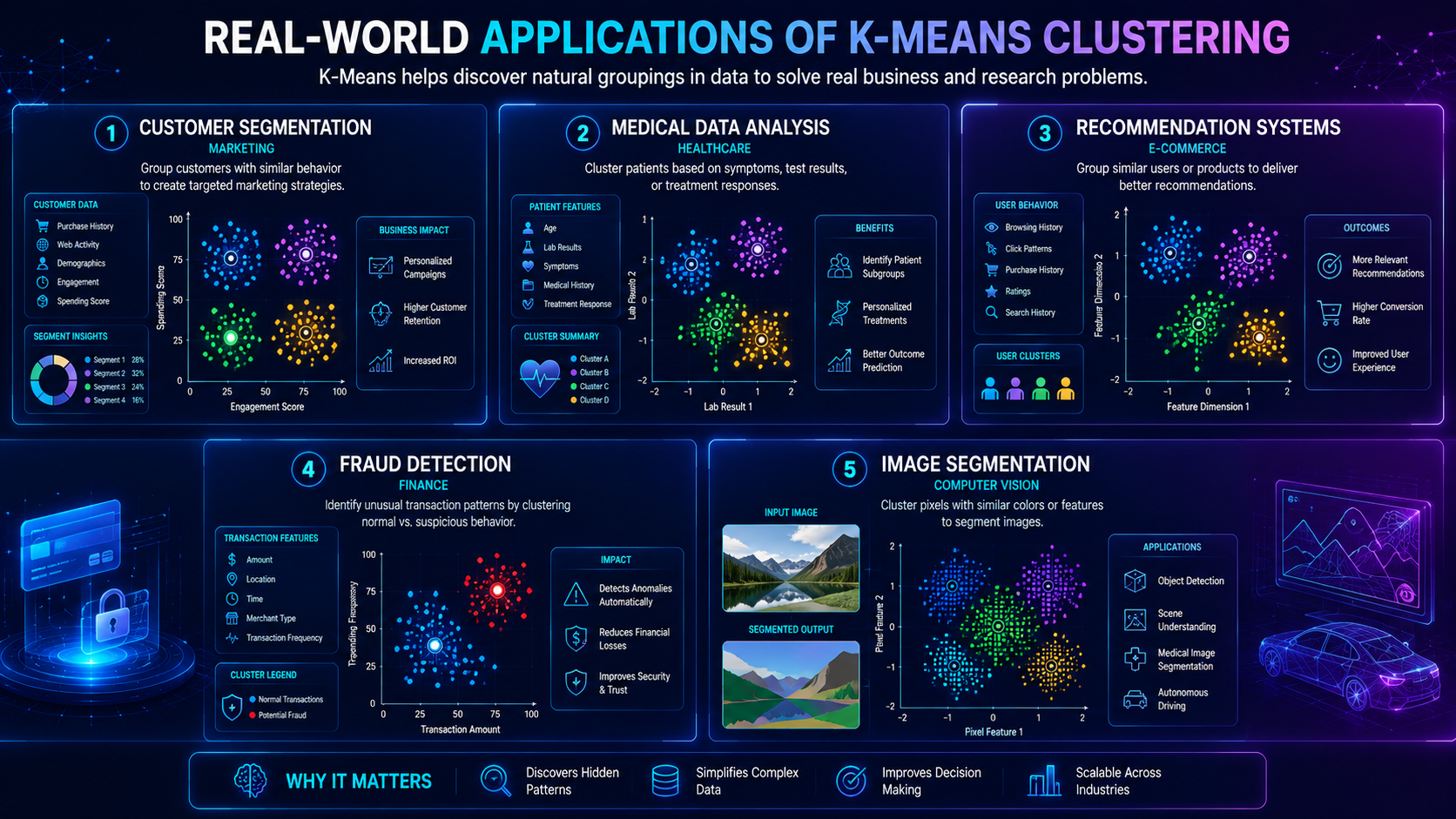 Infographic showing real-world uses of K-Means clustering in healthcare, finance, marketing, and AI systems.