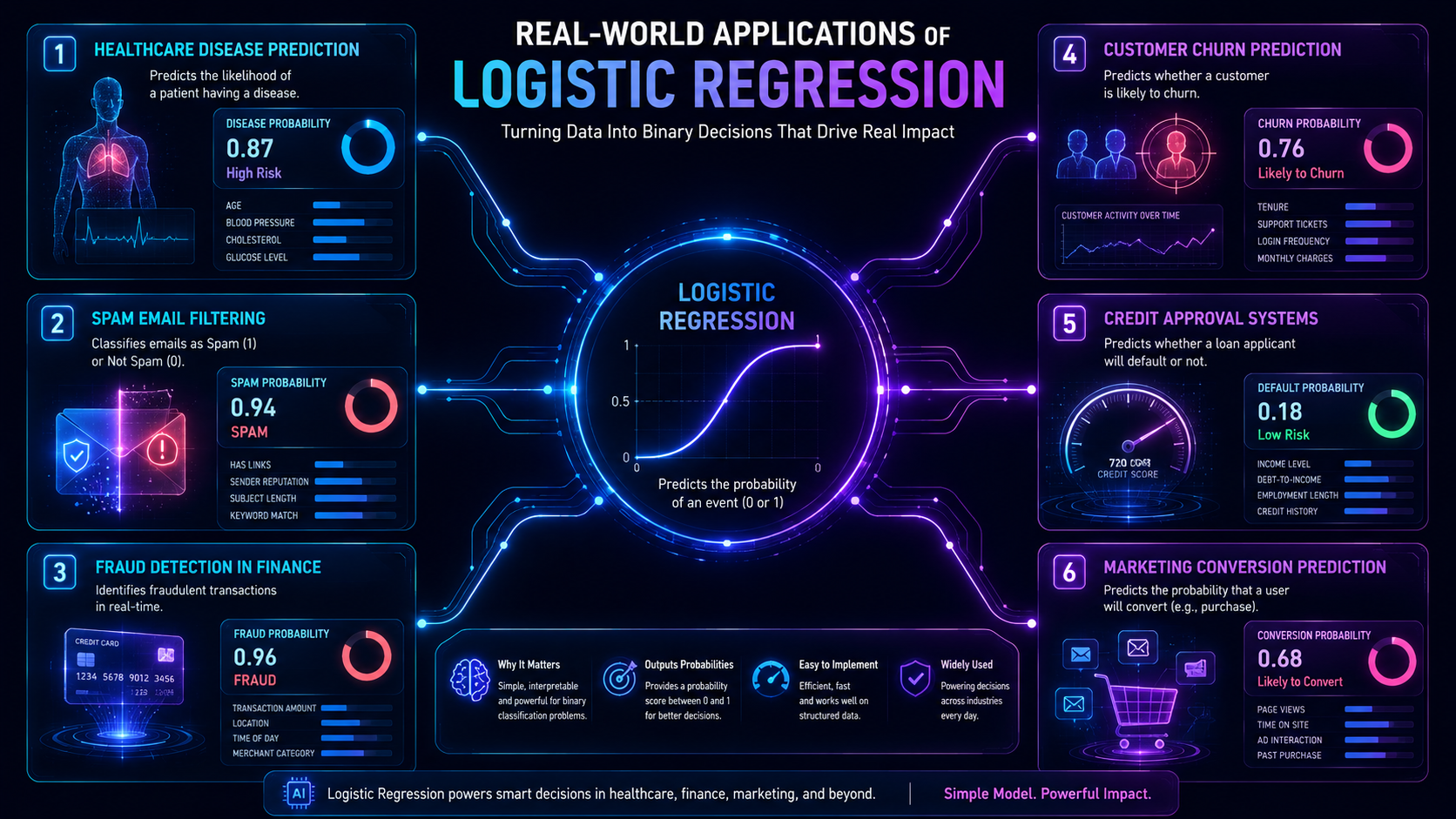 Infographic showing real-world uses of logistic regression in healthcare, finance, marketing, and cybersecurity.