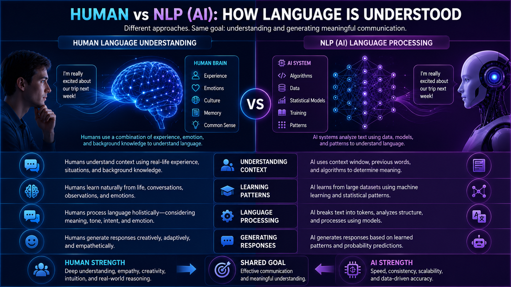 Comparison between human language understanding and NLP-based language processing.
