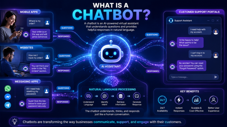 Educational infographic explaining what a chatbot is and how humans interact with AI-powered conversational systems.