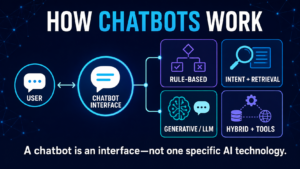 Diagram showing a user connecting through a chatbot interface to rule-based, intent-and-retrieval, generative-LLM, and hybrid tool-connected architectures.