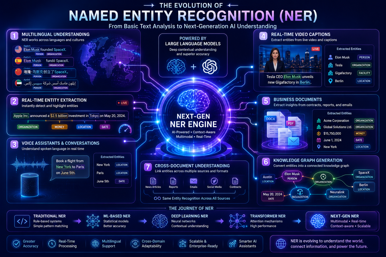 Concept illustration showing the future of Named Entity Recognition powered by advanced AI and large language models.