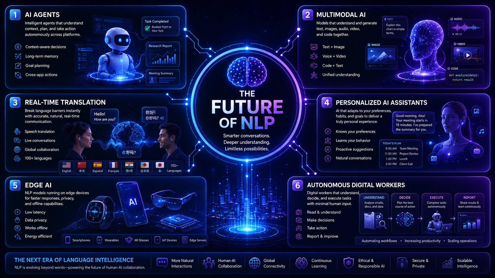 Futuristic infographic showing the future of NLP including AI agents, multimodal AI, real-time translation, and personalized assistants.